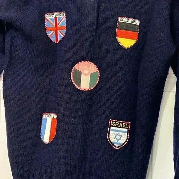Rare VTG Shetland Wool Cardigan World Patches Navy Size Small Tweed & Tartan - Picture 7 of 9